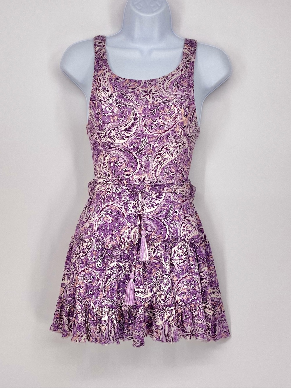 Sky to Moon Purple Paisley Tiered Tassel Mini Dress S